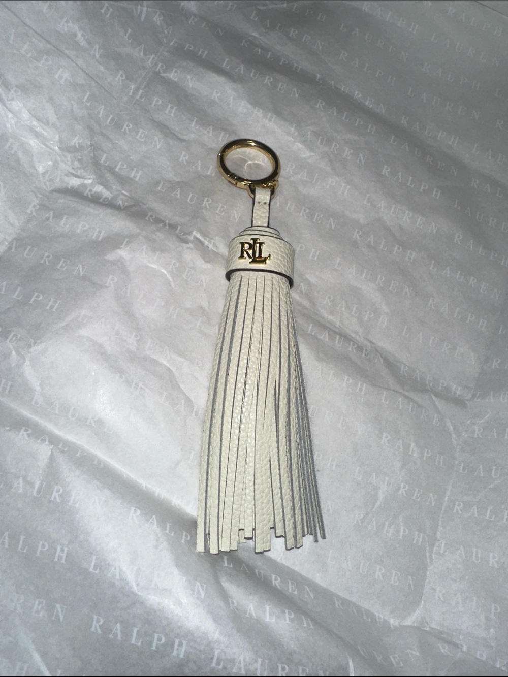 Ralph Lauren Cream Leather Tassel Key & Bag Charm with Gold Ring